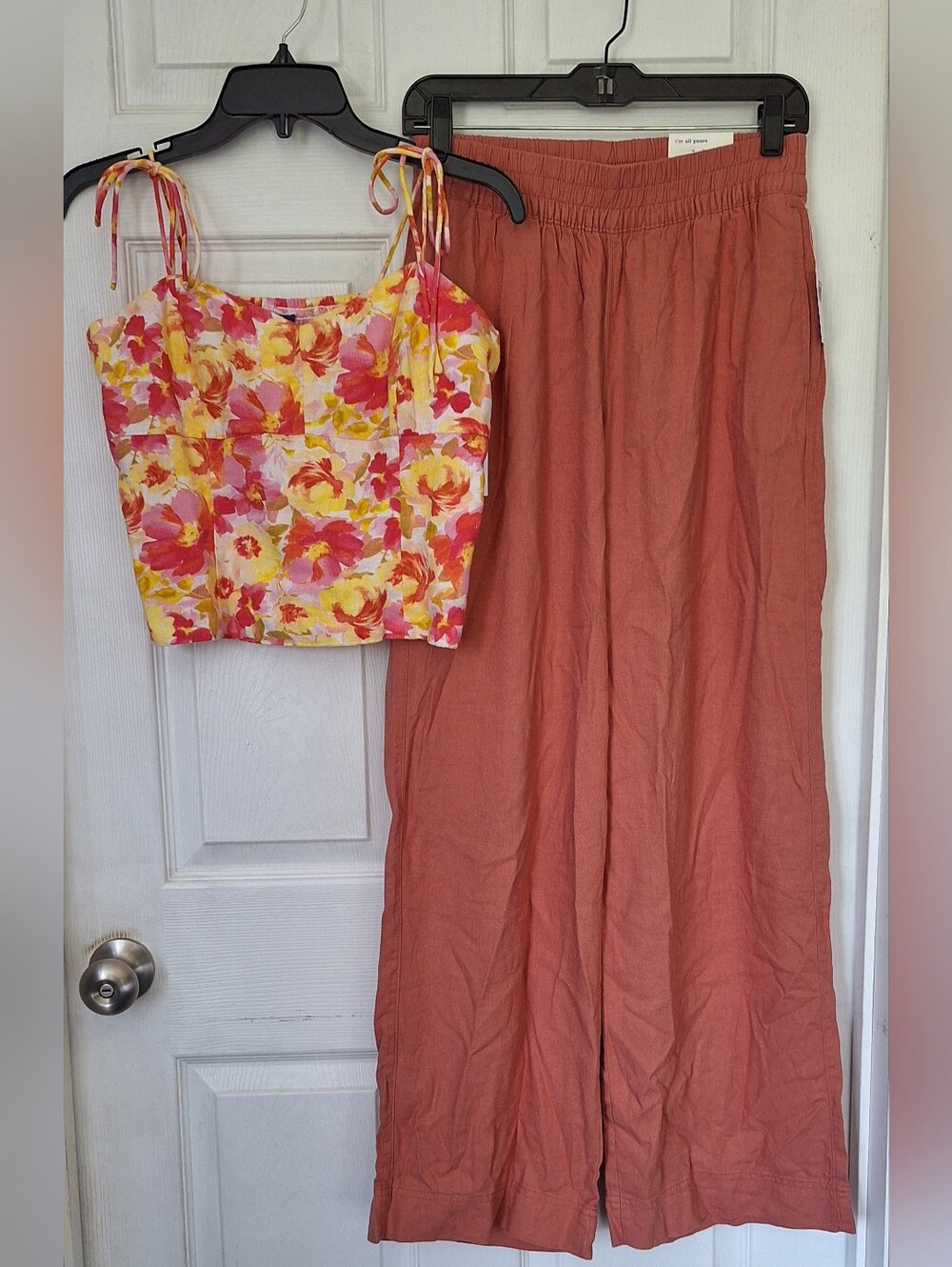 NWT Old Navy 2-Piece Set Linen Blend Floral Tie Strap Top & Wide Leg Pants S
